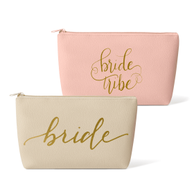 11 Piece Set of Blush Pink Faux Leather Bride and Bridal Party Leather Makeup Bags for Bachelorette Parties; Weddings; and Bridal Showers