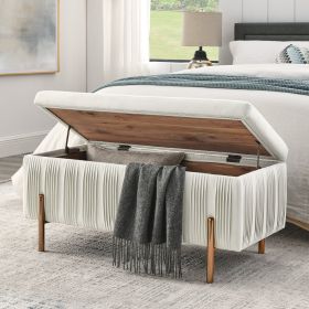 Elegant Upholstered Velvet Storage Bench with Cedar Wood Veneer, Large Storage Ottoman with Electroplate Iron Legs for Hallway Living Room Bedroom, Be
