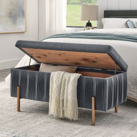 Elegant Upholstered Velvet Storage Bench with Cedar Wood Veneer, Large Storage Ottoman with Electroplate Iron Legs for Hallway Living Room Bedroom, Gr