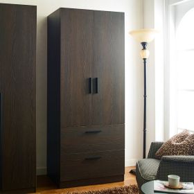 Brook Two-Door Wood Closet with Two Drawers and Hanging Bars in Dark Brown