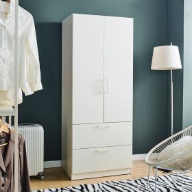 Emma Two-Door Wood Closet with Two Drawers and Hanging Bars in White