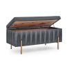 Elegant Upholstered Velvet Storage Bench with Cedar Wood Veneer, Large Storage Ottoman with Electroplate Iron Legs for Hallway Living Room Bedroom, Gr